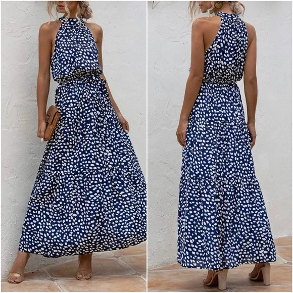 Boho Red White leopard Print Halter Ruffle Maxi Dress - Picture 6 of 13